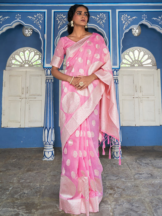 Janasya Pink Linen Cotton Woven Floral Design Woven Design Grab2Buy 