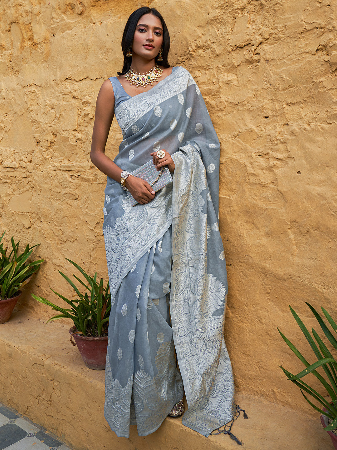 Janasya Grey Linen Cotton Woven Floral Design Woven Design Grab2Buy 