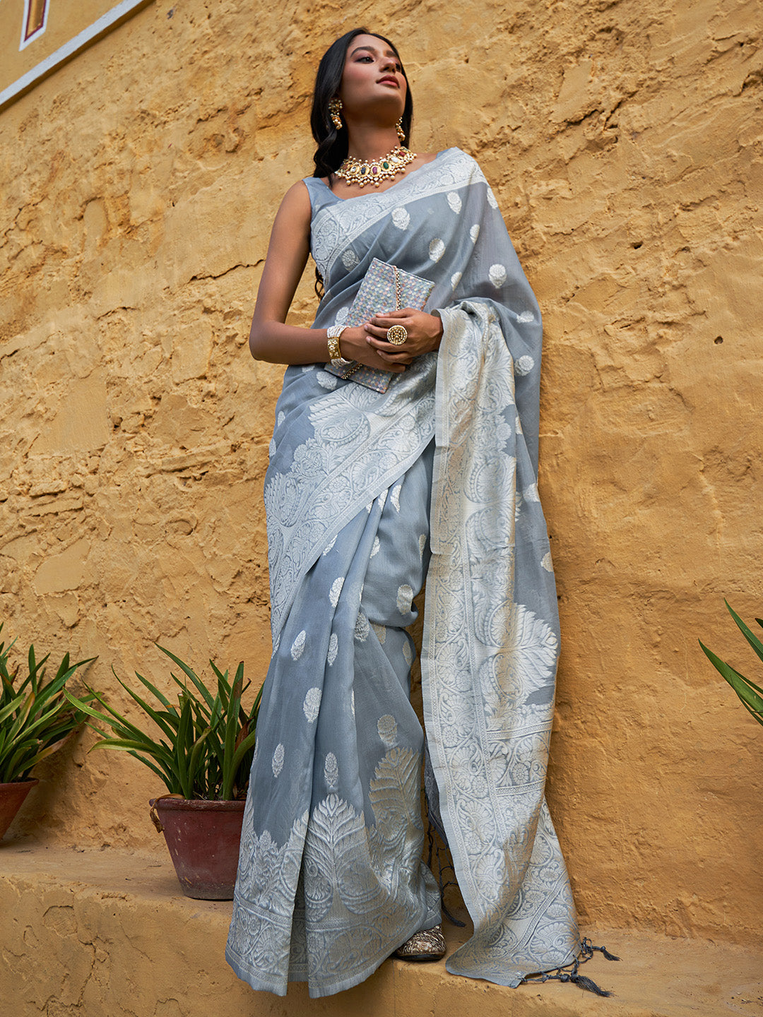 Janasya Grey Linen Cotton Woven Floral Design Woven Design Grab2Buy 