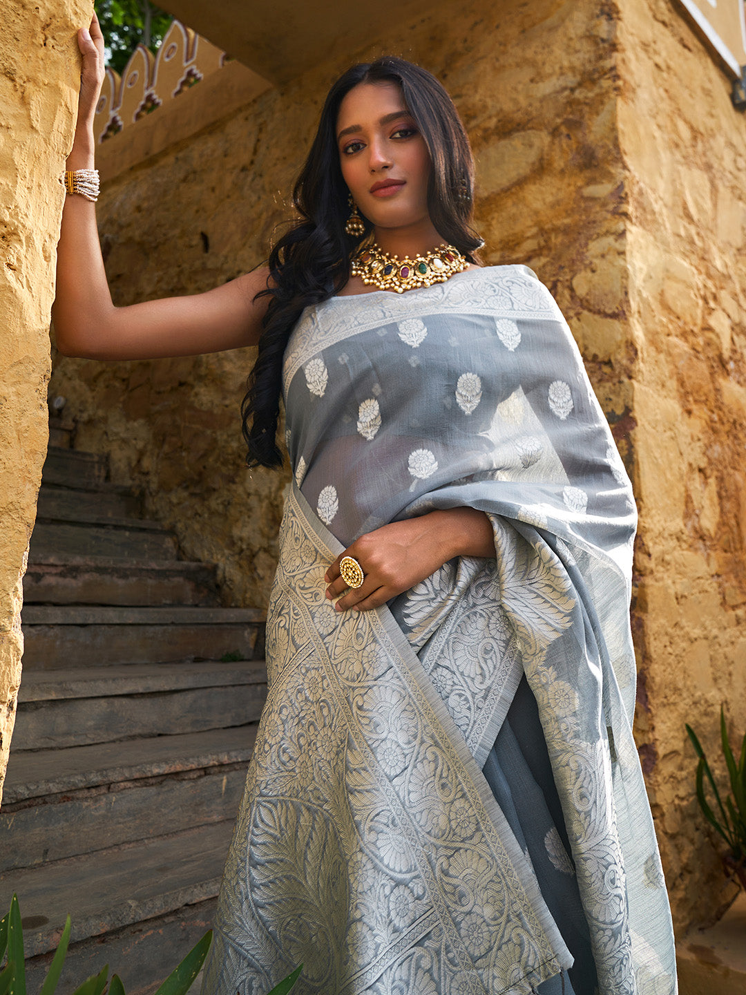 Janasya Grey Linen Cotton Woven Floral Design Woven Design Grab2Buy 