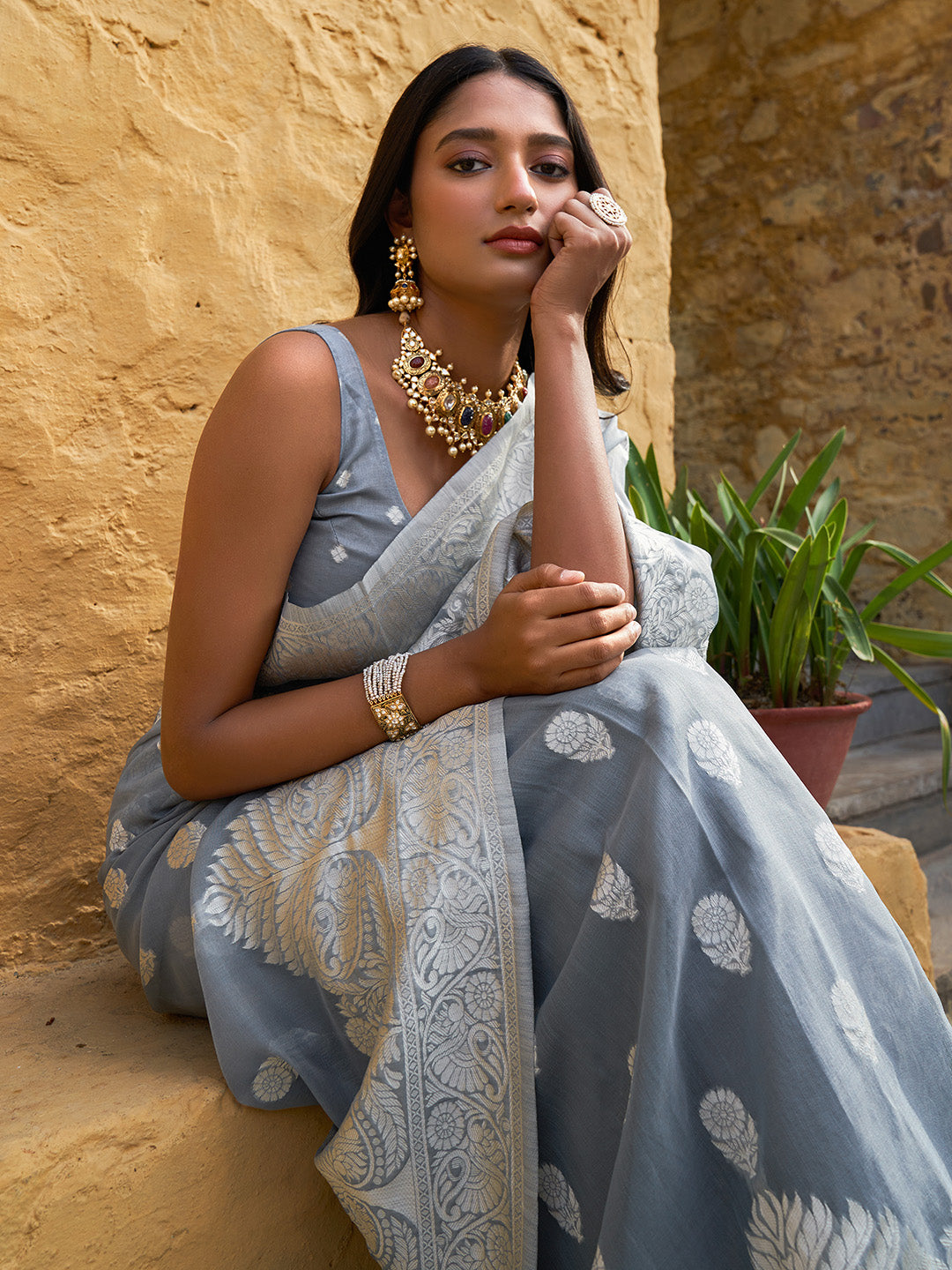 Janasya Grey Linen Cotton Woven Floral Design Woven Design Grab2Buy 