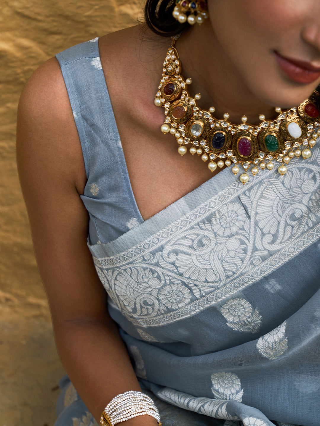 Janasya Grey Linen Cotton Woven Floral Design Woven Design Grab2Buy 
