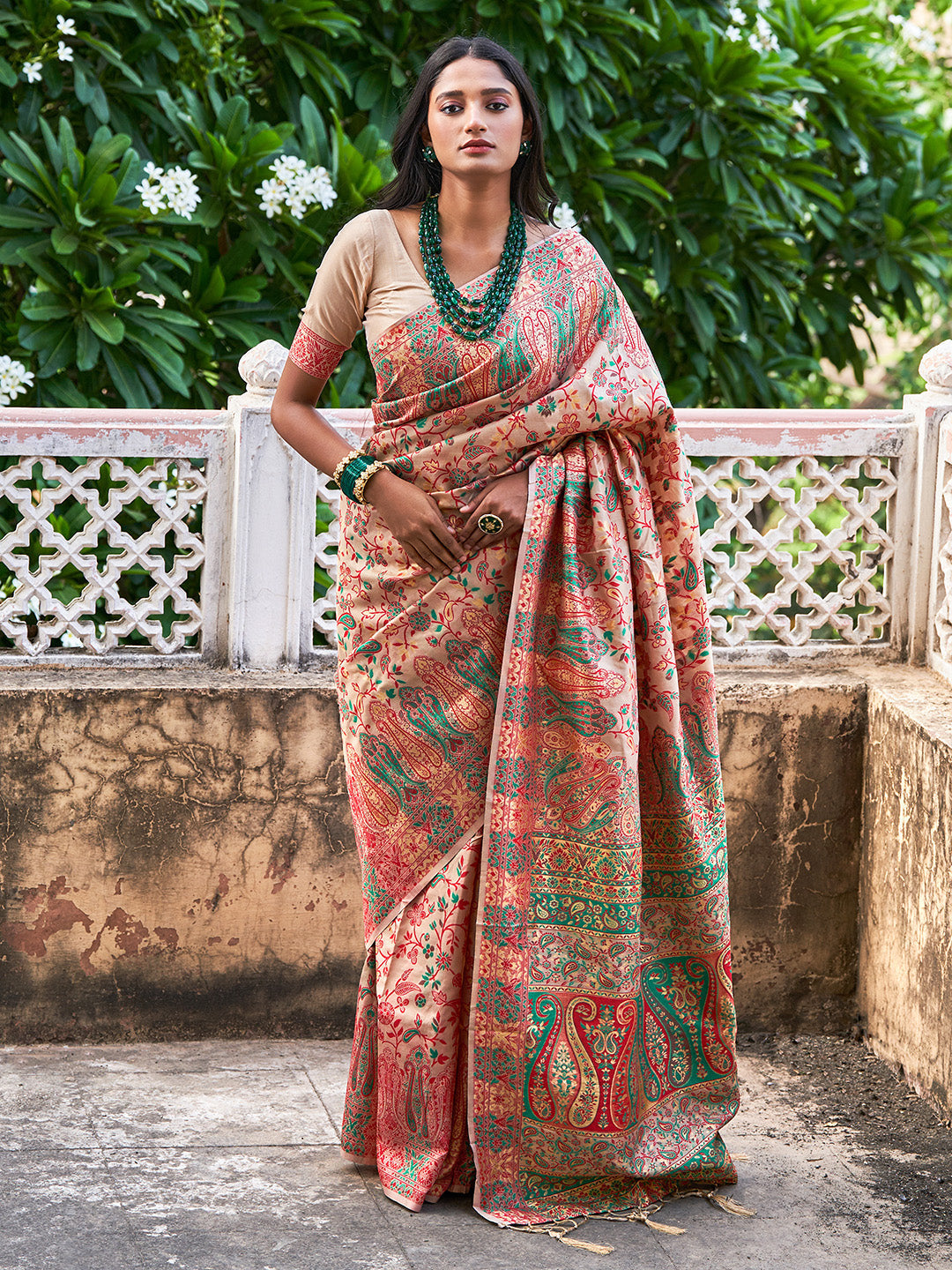 Janasya Beige Cotton Silk Pashmina Woven Design Grab2Buy 