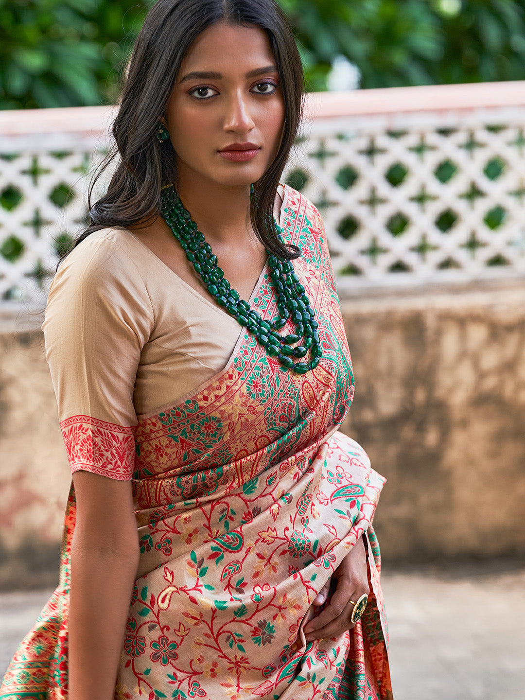 Janasya Beige Cotton Silk Pashmina Woven Design Grab2Buy 