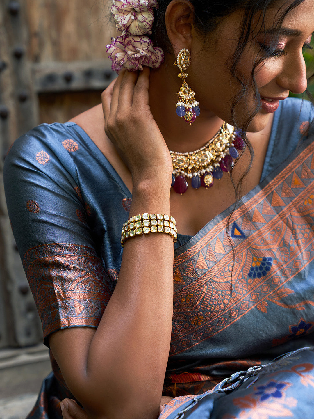 Janasya Grey Banarasi Silk Woven Dual Tone Floral Design Banarasi Silk Grab2Buy 