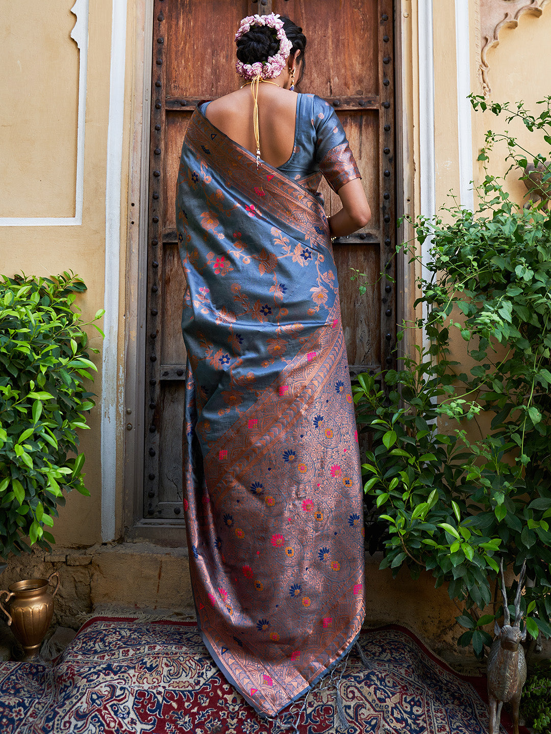 Janasya Grey Banarasi Silk Woven Dual Tone Floral Design Banarasi Silk Grab2Buy 