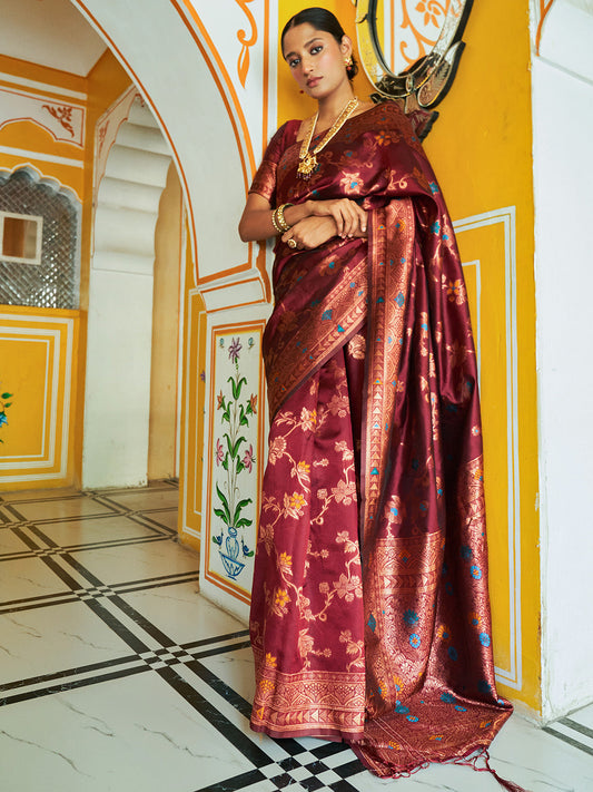 Janasya Maroon Banarasi Silk Woven Dual Tone Floral Design Banarasi Silk Grab2Buy 