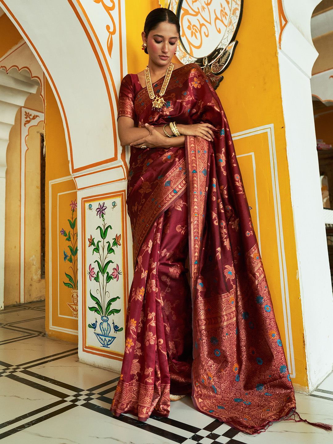 Janasya Maroon Banarasi Silk Woven Dual Tone Floral Design Banarasi Silk Grab2Buy 