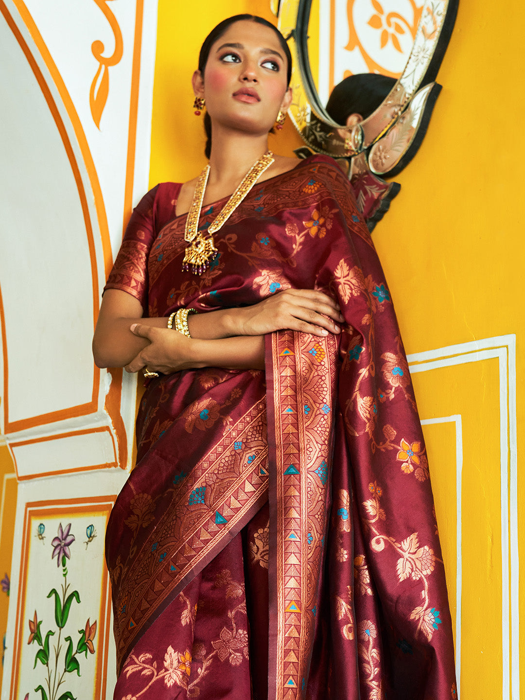 Janasya Maroon Banarasi Silk Woven Dual Tone Floral Design Banarasi Silk Grab2Buy 