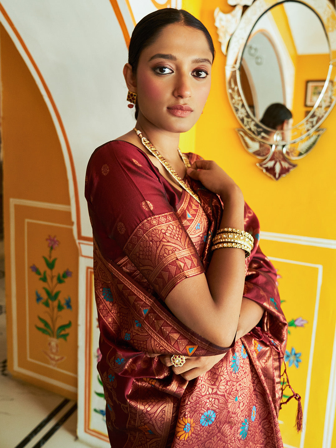Janasya Maroon Banarasi Silk Woven Dual Tone Floral Design Banarasi Silk Grab2Buy 