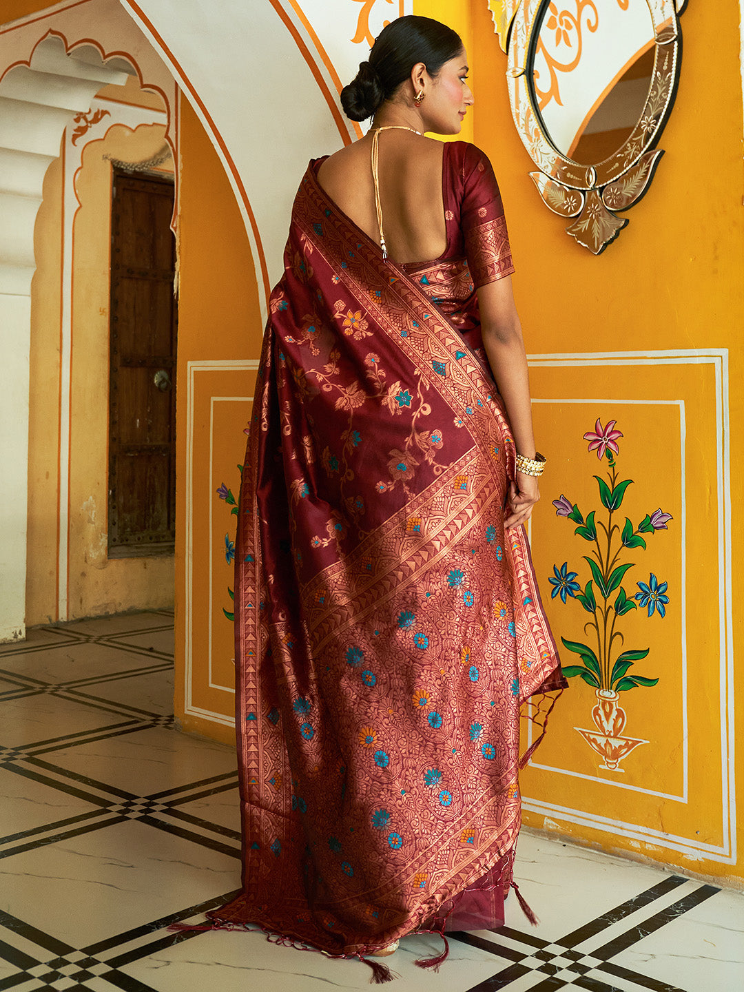 Janasya Maroon Banarasi Silk Woven Dual Tone Floral Design Banarasi Silk Grab2Buy 