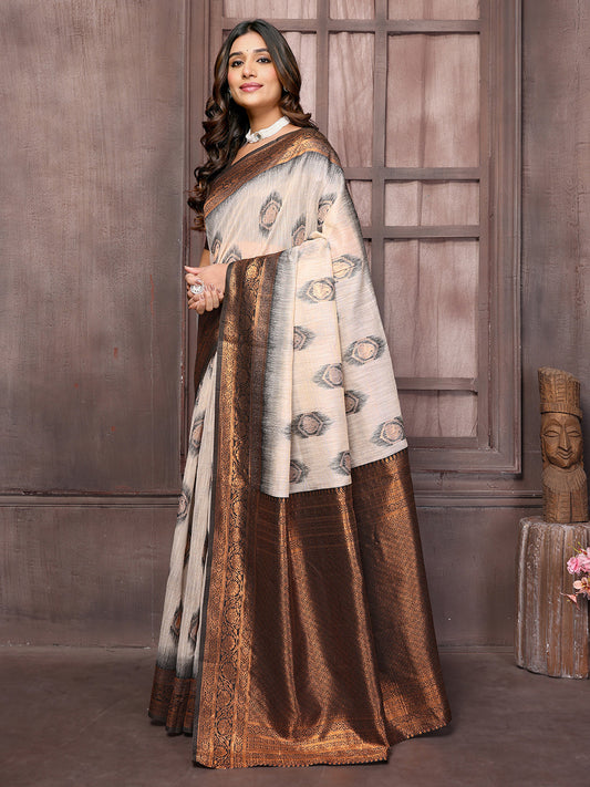 Janasya Beige & Brown Cotton Linen Ethnic Motifs Kanjivaram Grab2Buy