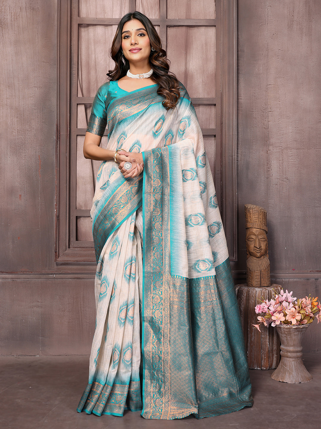 Janasya Beige & Teal Blue Cotton Linen Ethnic Motifs Kanjivaram Grab2Buy 