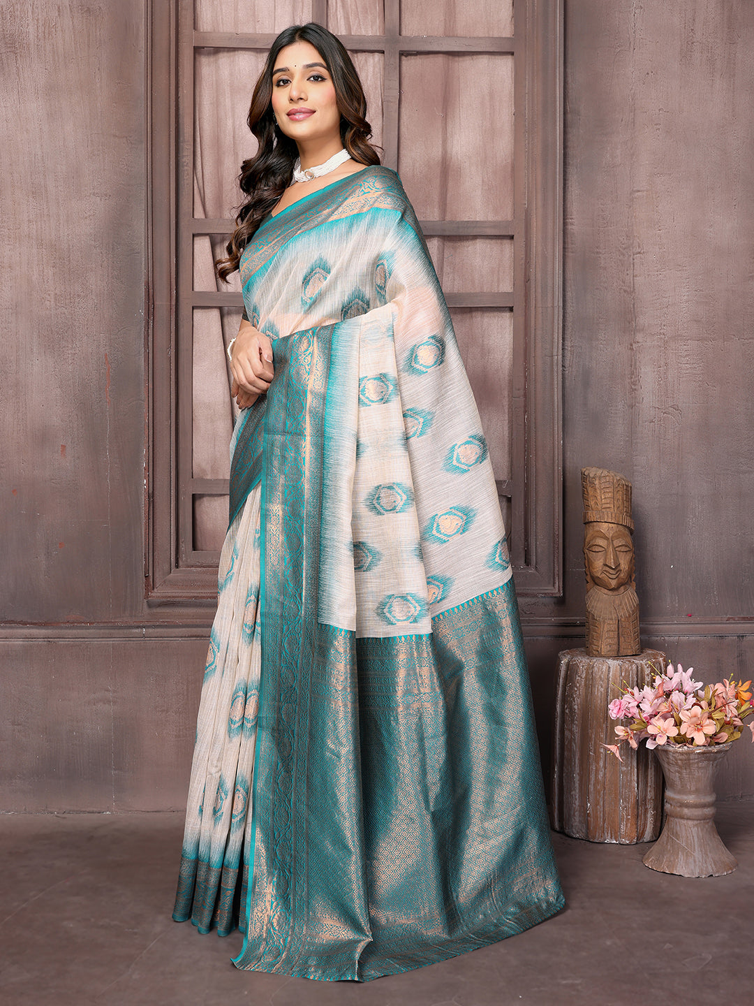 Janasya Beige & Teal Blue Cotton Linen Ethnic Motifs Kanjivaram Grab2Buy 
