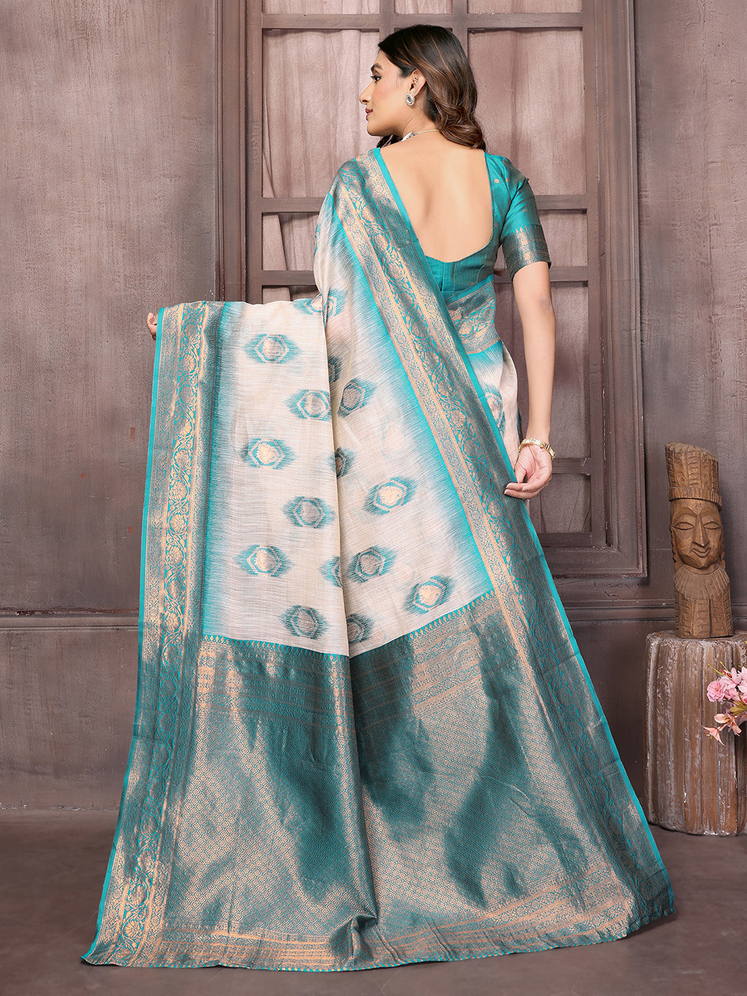 Janasya Beige & Teal Blue Cotton Linen Ethnic Motifs Kanjivaram Grab2Buy 