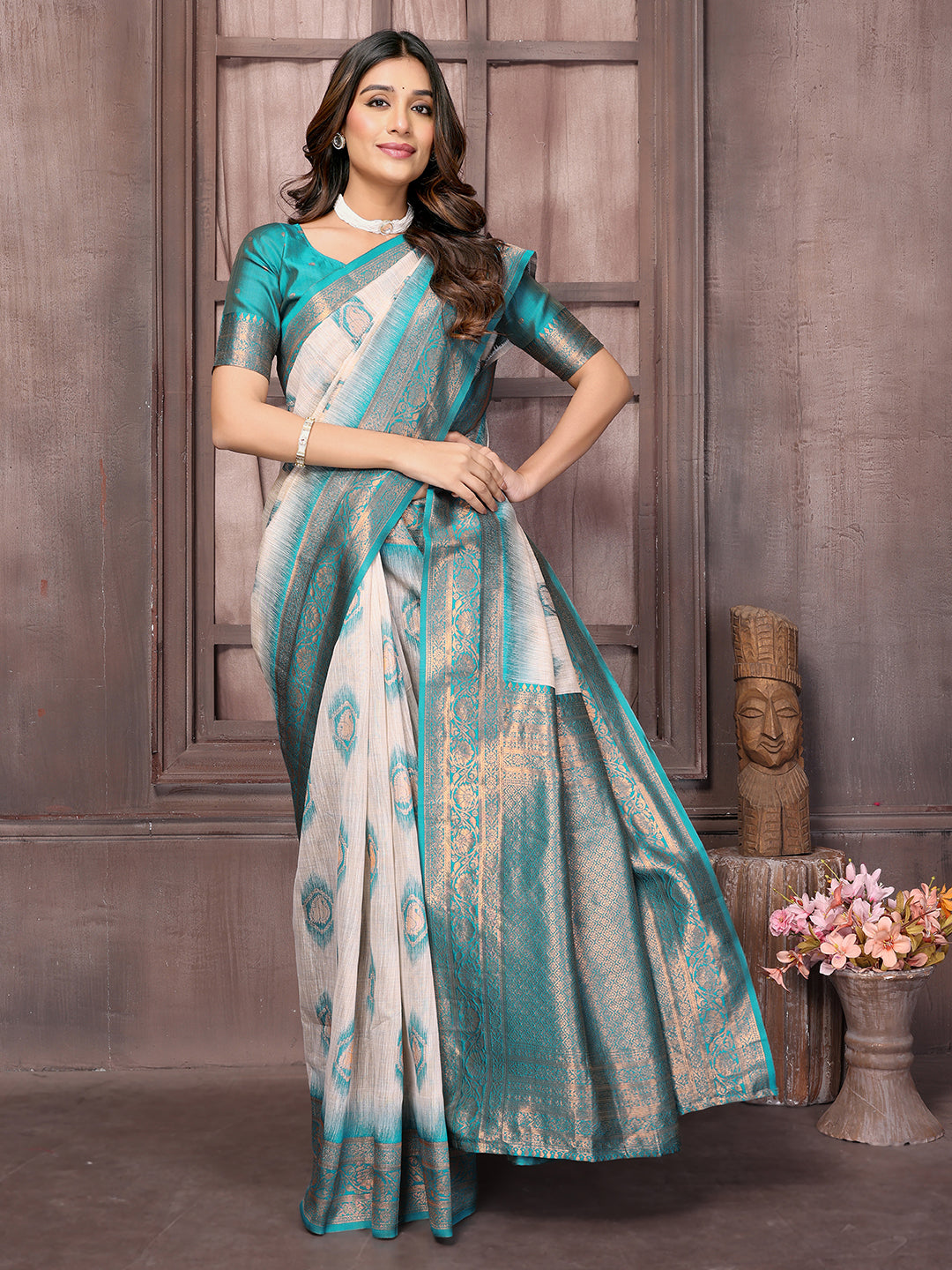 Janasya Beige & Teal Blue Cotton Linen Ethnic Motifs Kanjivaram Grab2Buy 