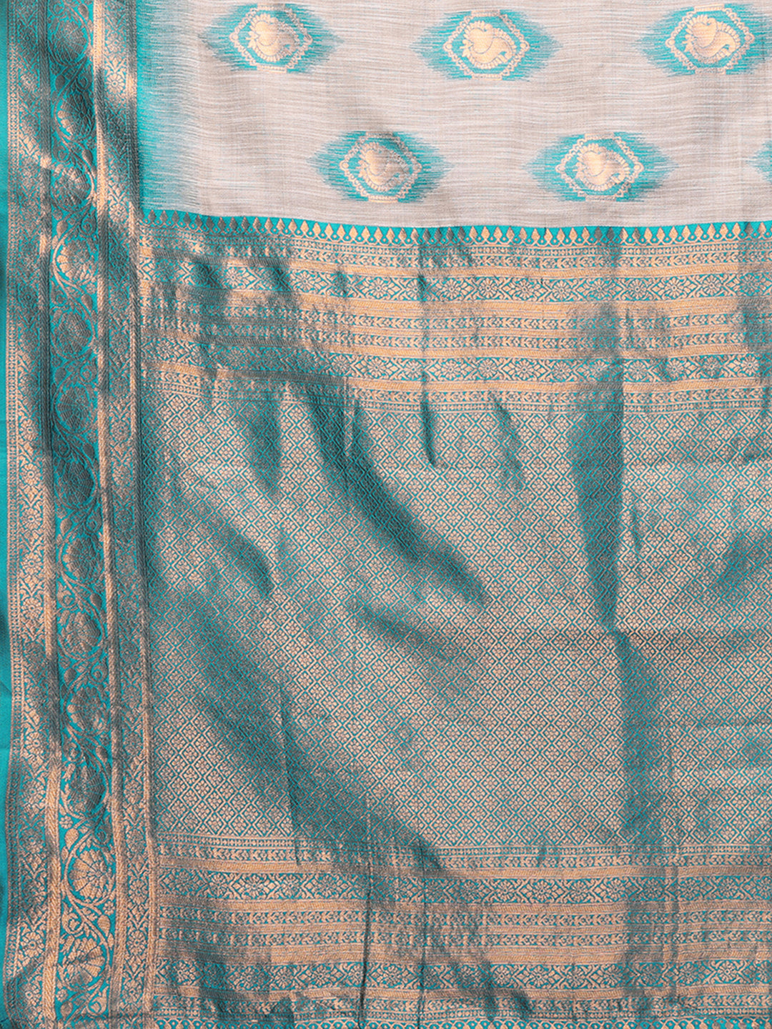 Janasya Beige & Teal Blue Cotton Linen Ethnic Motifs Kanjivaram Grab2Buy 
