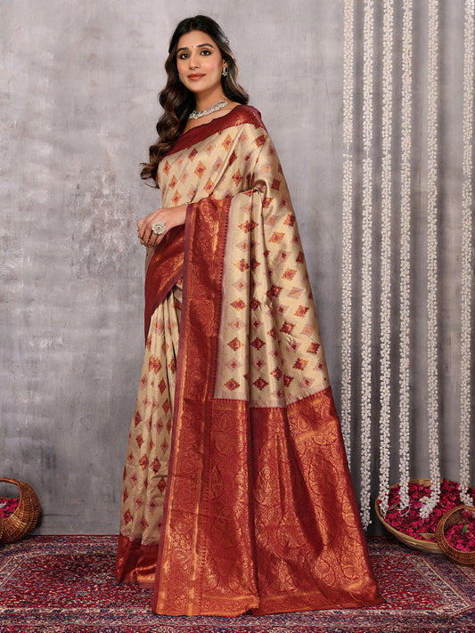 Janasya Beige Silk Blend Ethnic Motifs Kanjivaram Grab2Buy 