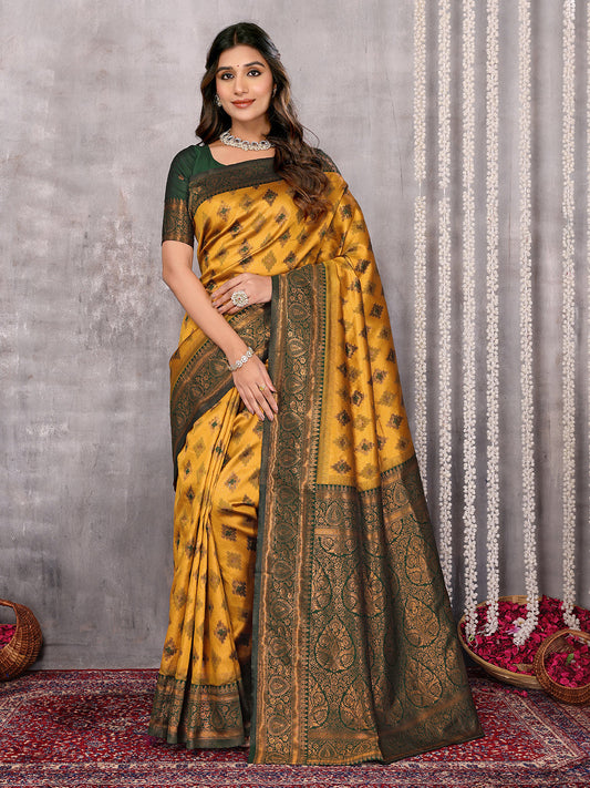 Janasya Mustard Silk Blend Ethnic Motifs Kanjivaram Grab2Buy 