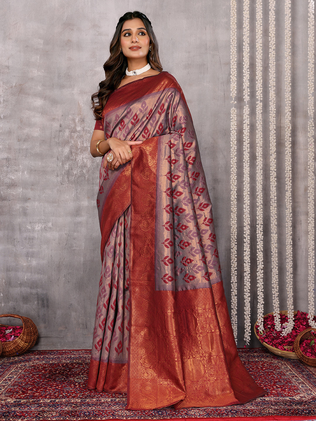Janasya Grey & Maroon Silk Blend Ethnic Motifs Kanjivaram Grab2Buy 