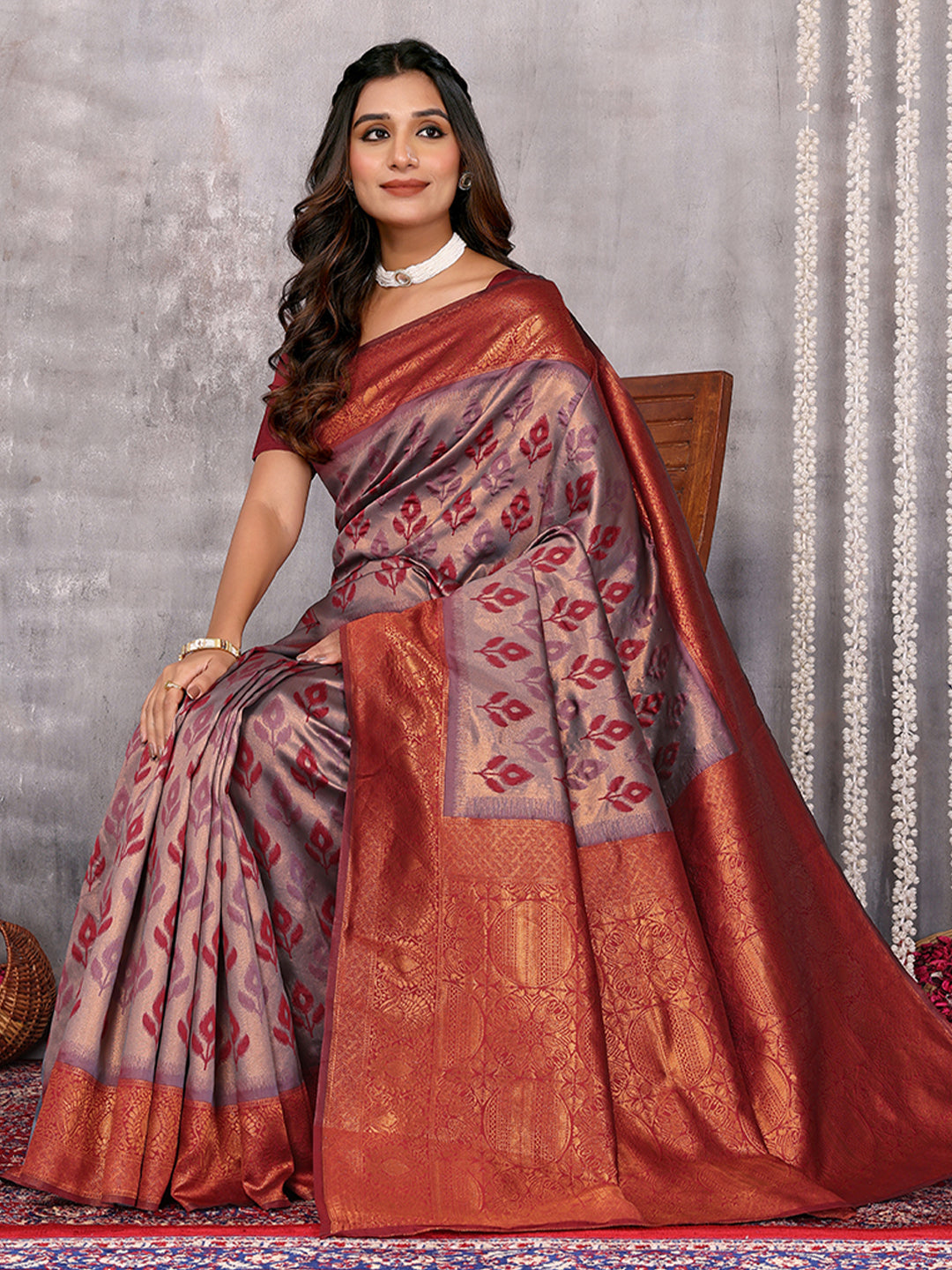 Janasya Grey & Maroon Silk Blend Ethnic Motifs Kanjivaram Grab2Buy 