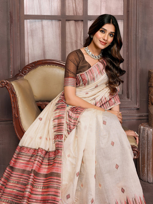 Janasya Beige Chanderi Geometric Woven Grab2Buy