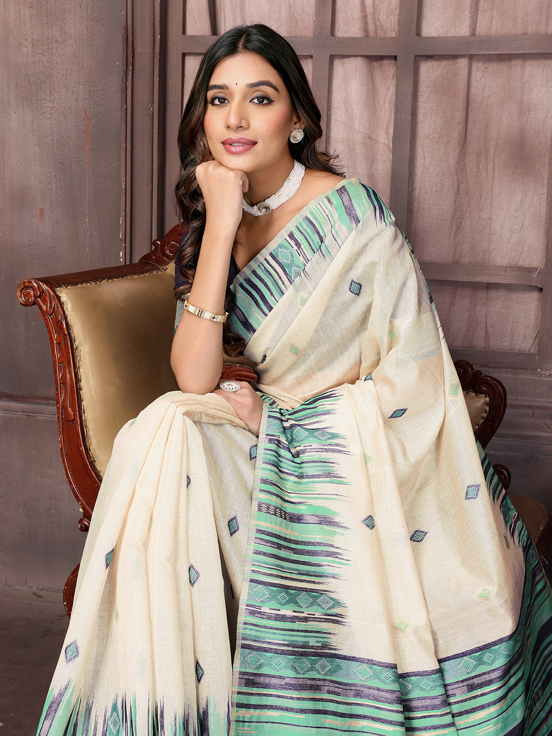 Janasya Beige & Blue Chanderi Geometric Woven Grab2Buy 