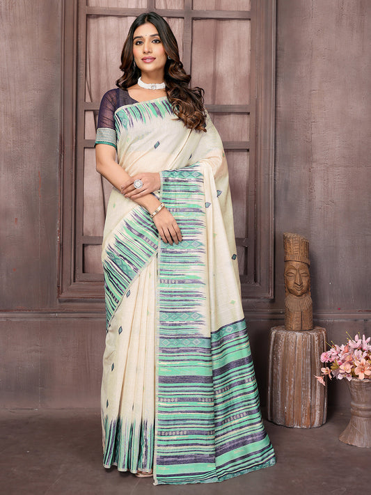 Janasya Beige & Blue Chanderi Geometric Woven Grab2Buy 