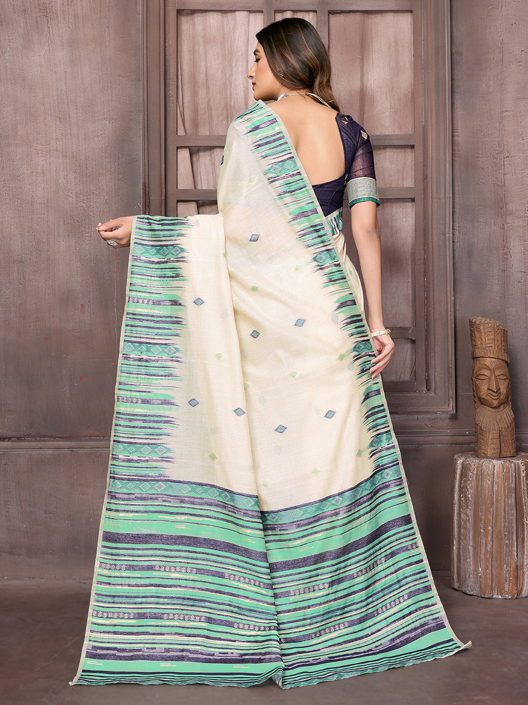 Janasya Beige & Blue Chanderi Geometric Woven Grab2Buy 