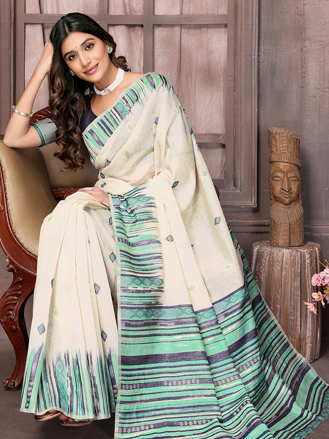 Janasya Beige & Blue Chanderi Geometric Woven Grab2Buy 