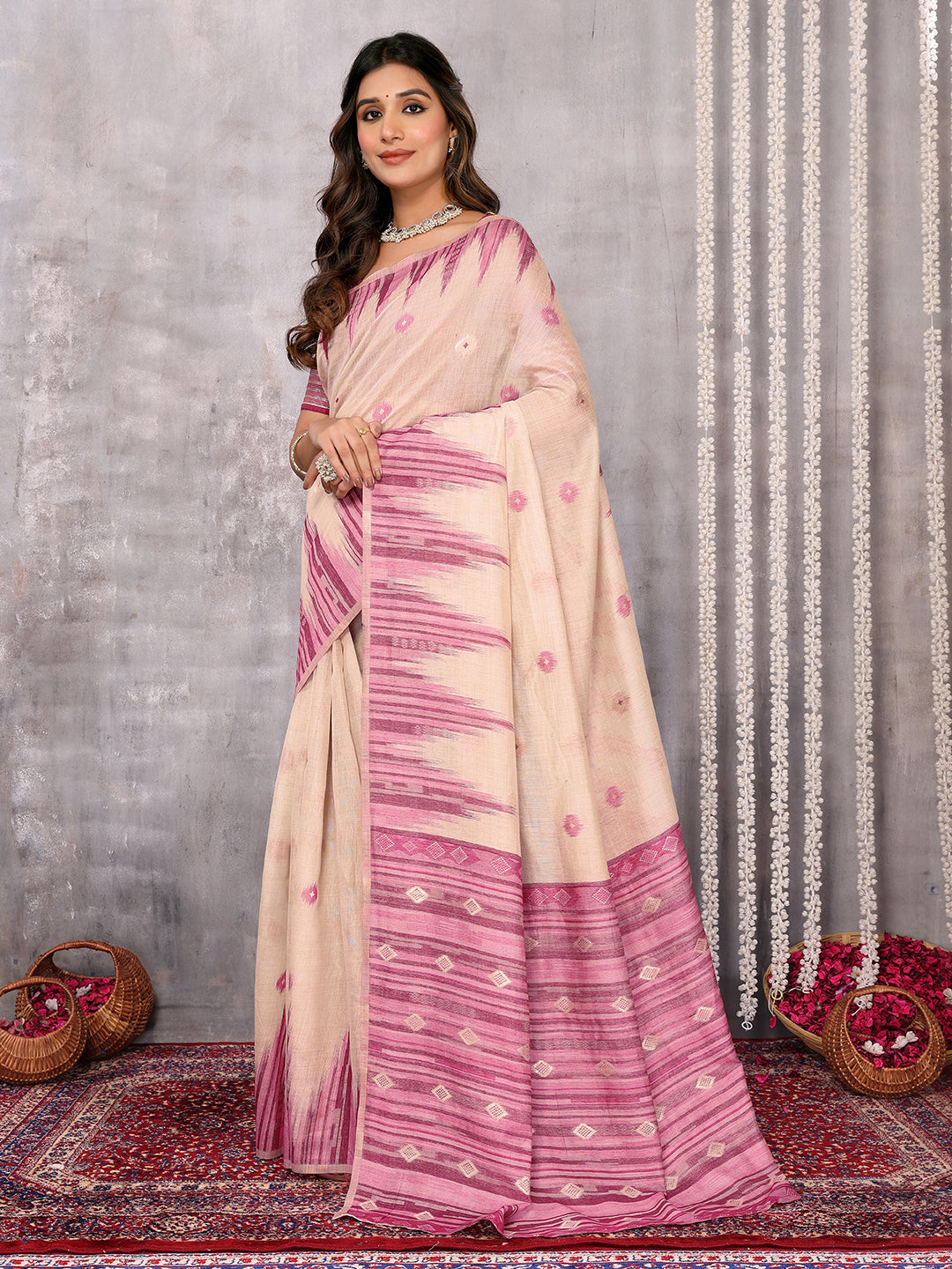 Janasya Beige & Mauve Cotton Linen Geometric Woven Grab2Buy 