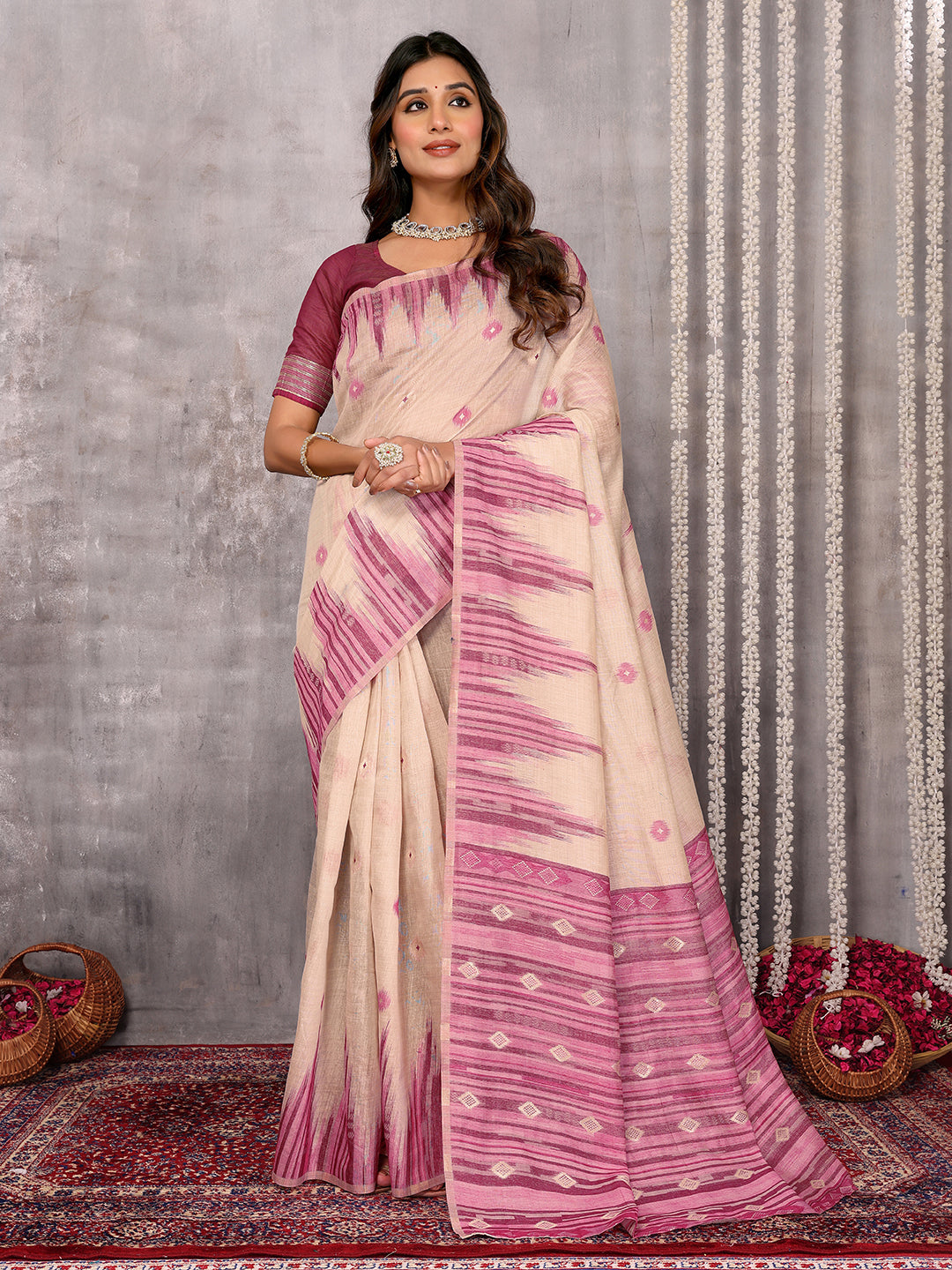 Janasya Beige & Mauve Cotton Linen Geometric Woven Grab2Buy 