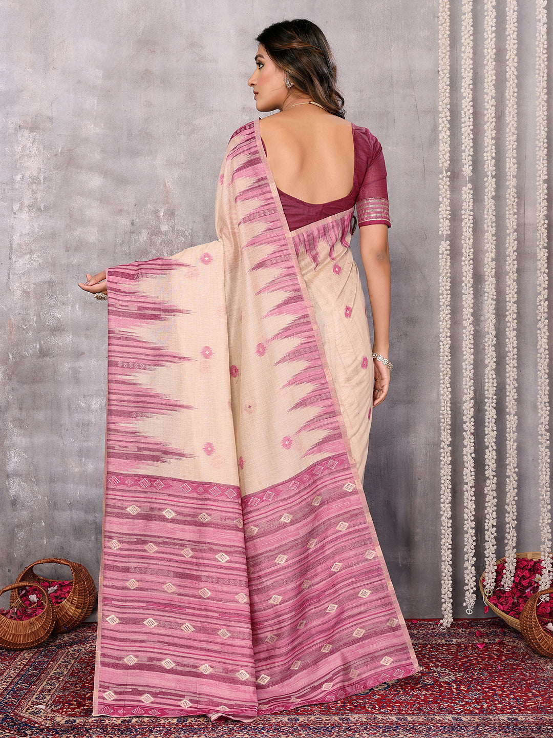 Janasya Beige & Mauve Cotton Linen Geometric Woven Grab2Buy 