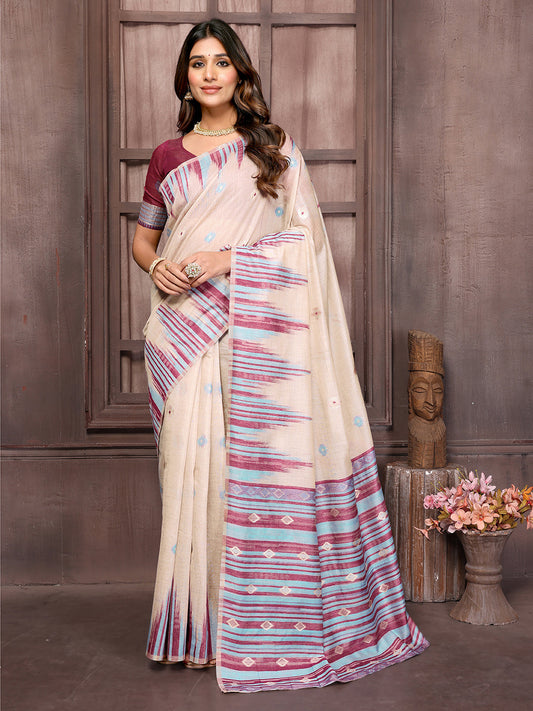 Janasya Beige & Wine Chanderi Geometric Woven Grab2Buy