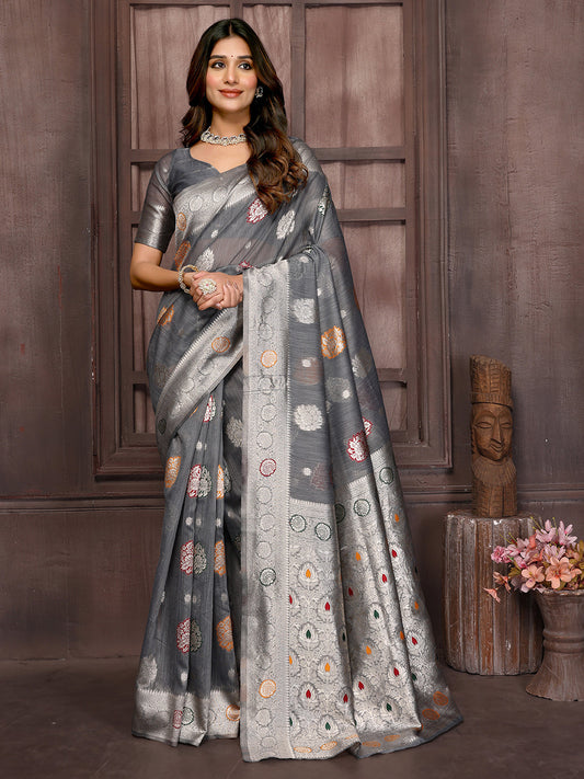 Janasya Grey Cotton Linen Ethnic Motifs Woven Grab2Buy