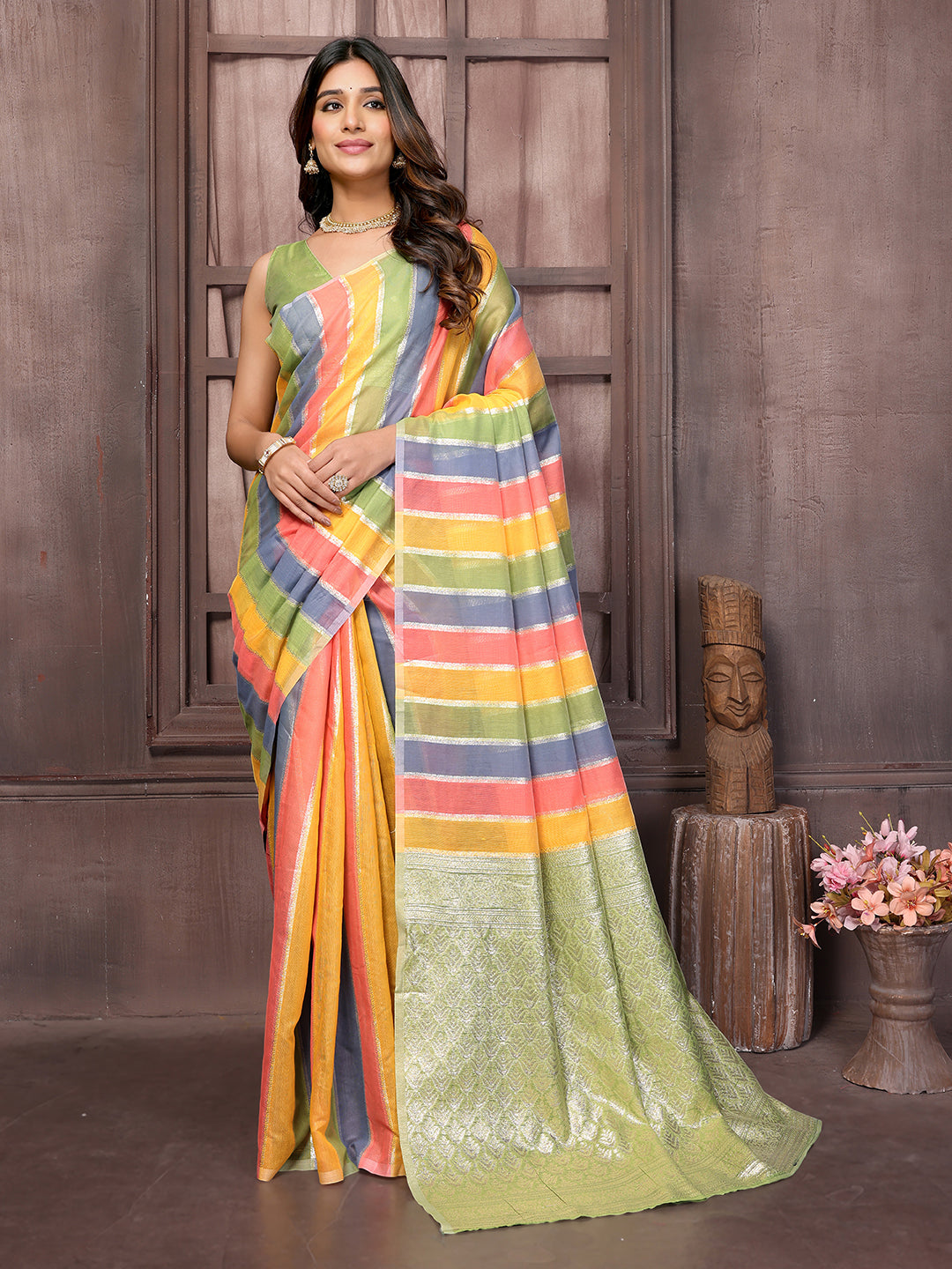 Janasya Multicolor Cotton Striped Woven Grab2Buy 