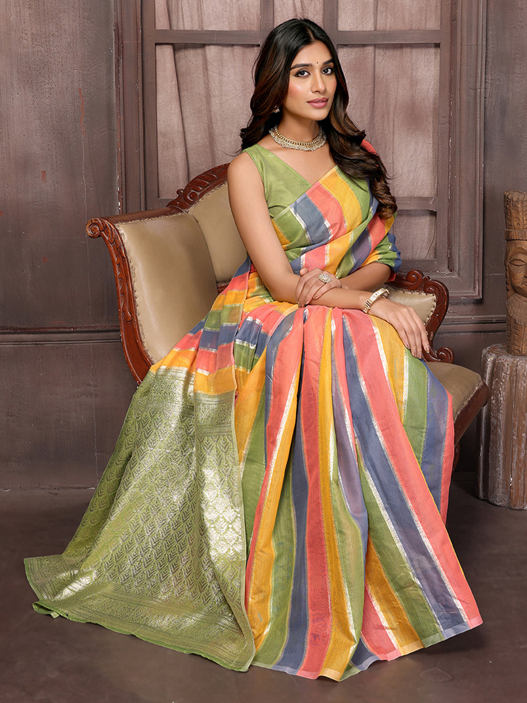 Janasya Multicolor Cotton Striped Woven Grab2Buy 