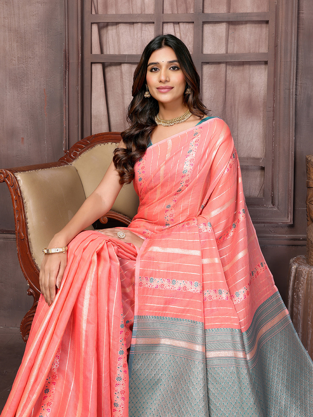 Janasya Peach Cotton Ethnic Print Jacquard Grab2Buy 