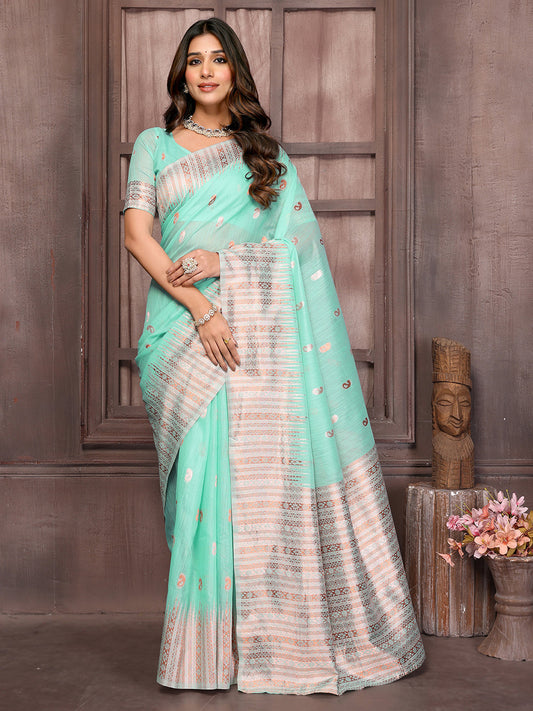 Janasya Light Blue Cotton Linen Paisley Woven Grab2Buy 
