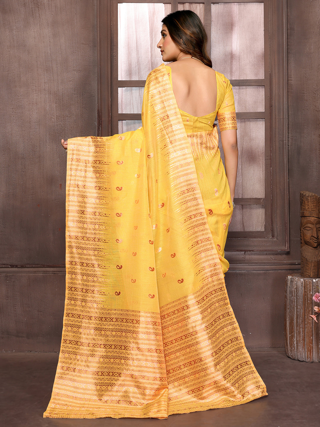 Janasya Yellow Cotton Linen Paisley Woven Grab2Buy 