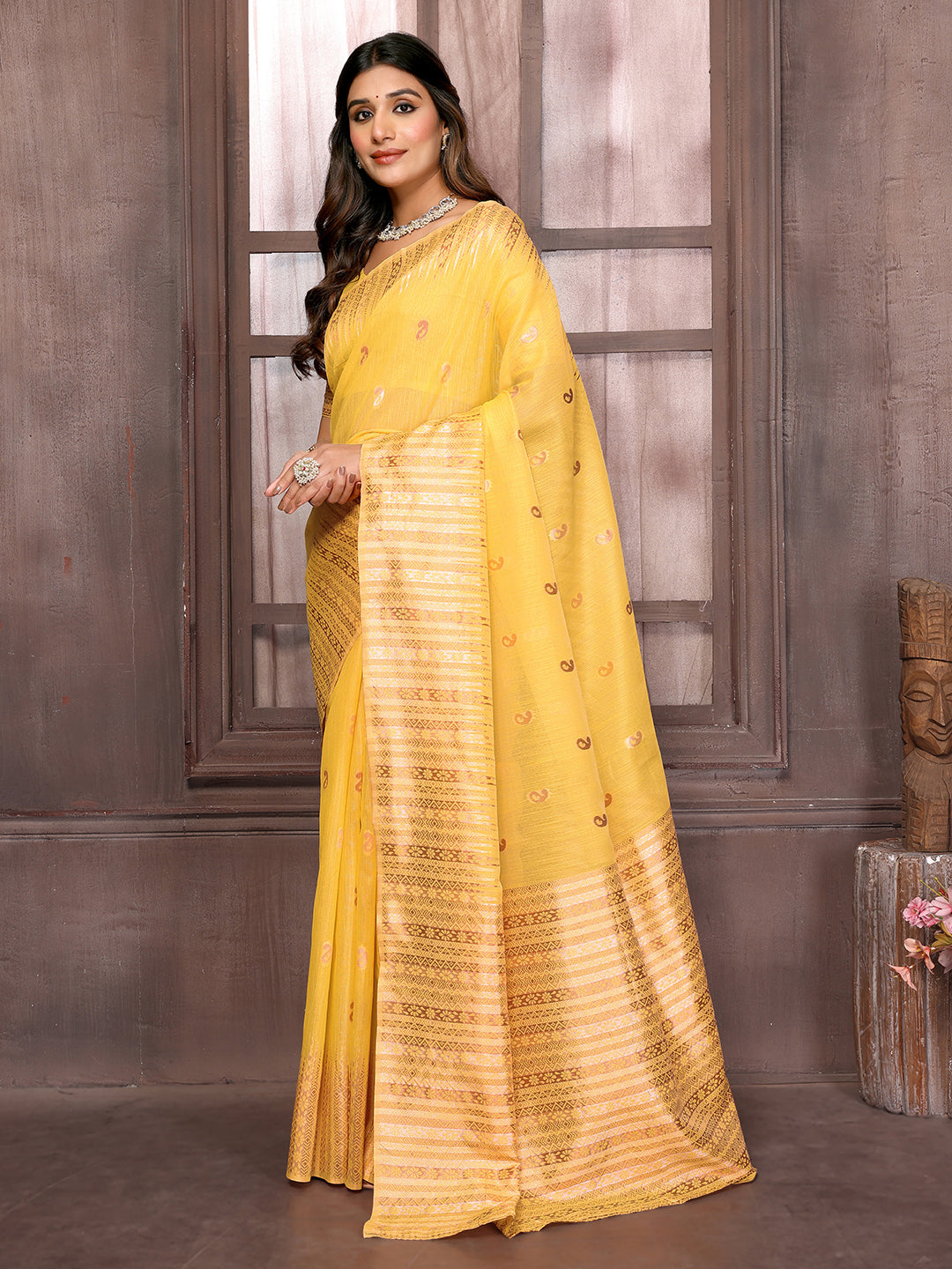 Janasya Yellow Cotton Linen Paisley Woven Grab2Buy 