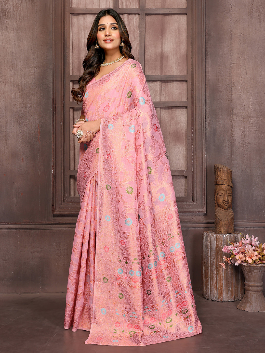 Janasya Pink Cotton Linen Floral Woven Grab2Buy 