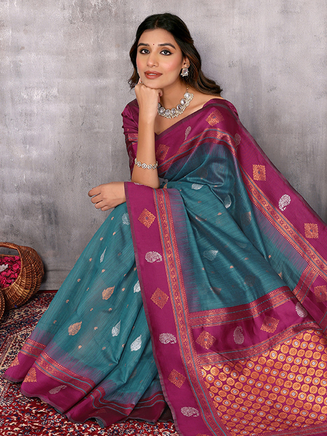 Janasya Teal Blue Cotton Linen Paisley Woven Grab2Buy 