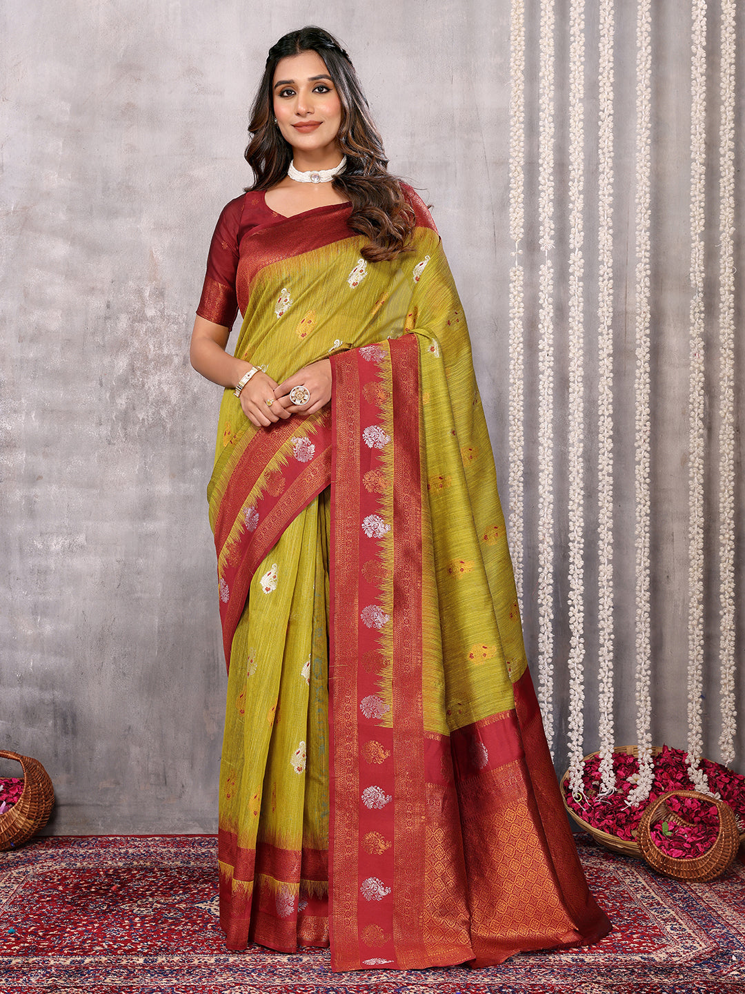 Janasya Mehndi Green Cotton Linen Ethnic Motifs Kanjivaram Grab2Buy 