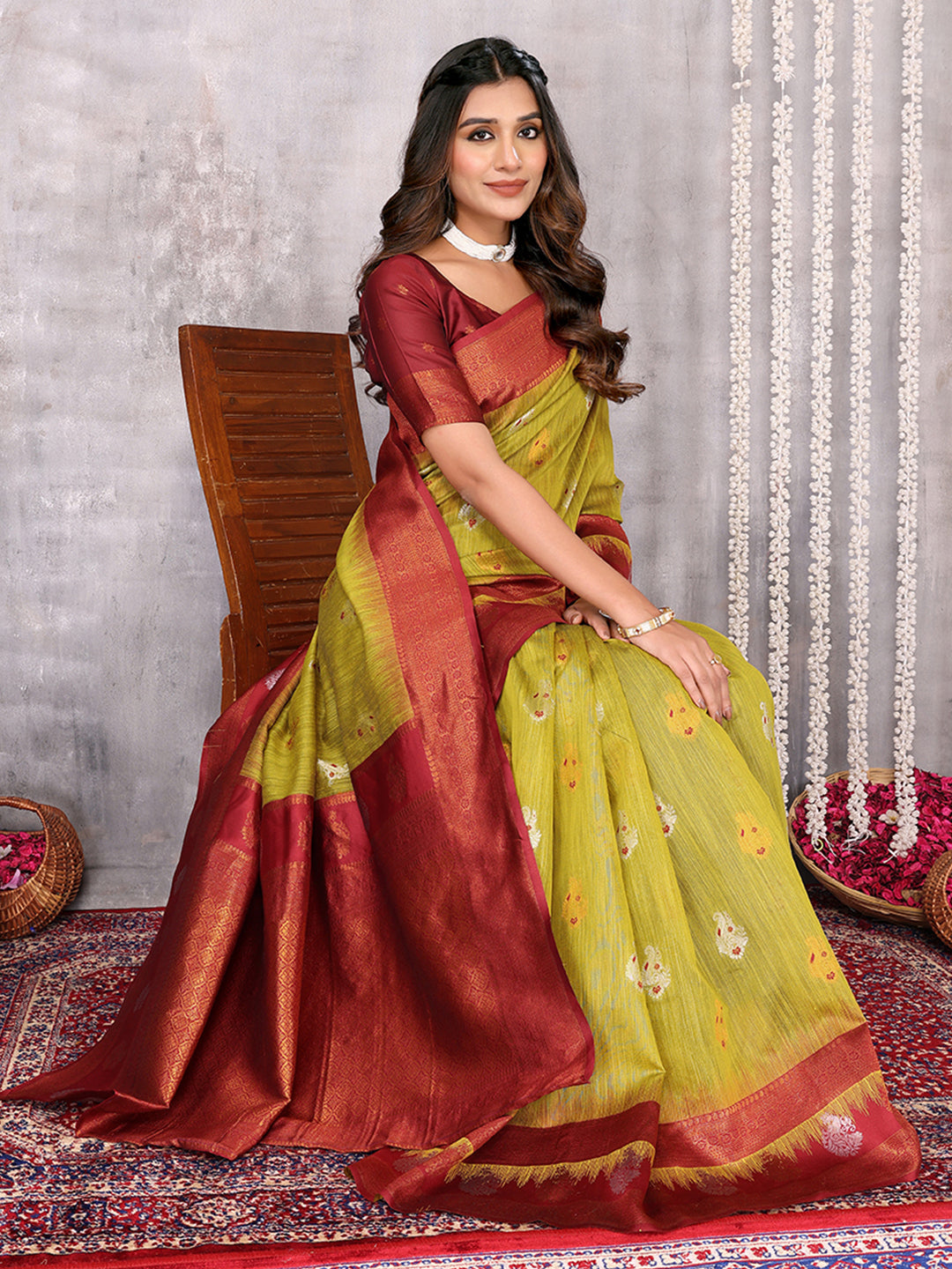 Janasya Mehndi Green Cotton Linen Ethnic Motifs Kanjivaram Grab2Buy 
