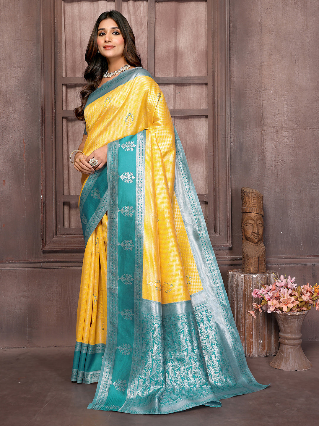 Janasya Yellow Silk Blend Checked Jacquard Border Grab2Buy 