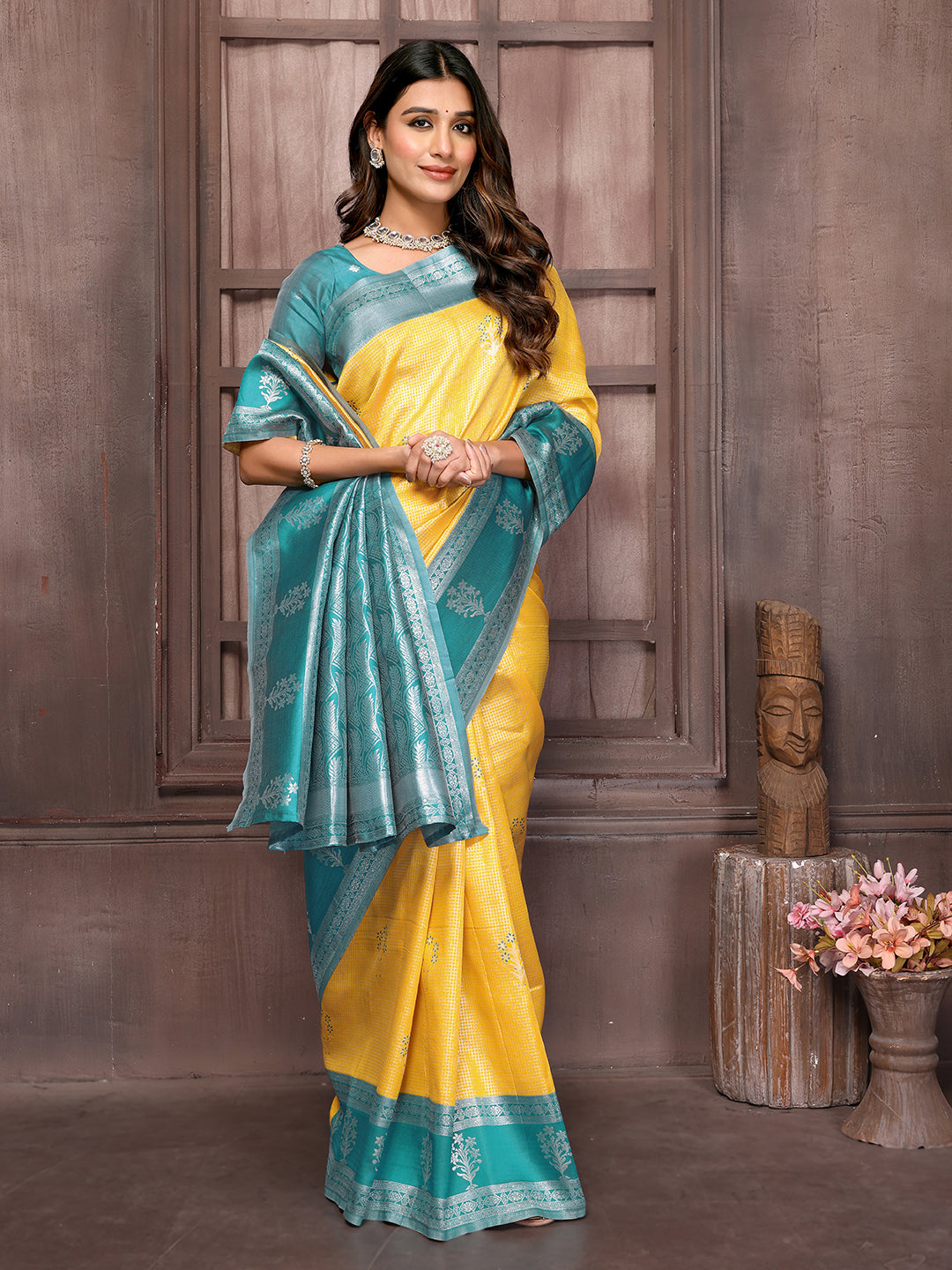 Janasya Yellow Silk Blend Checked Jacquard Border Grab2Buy 