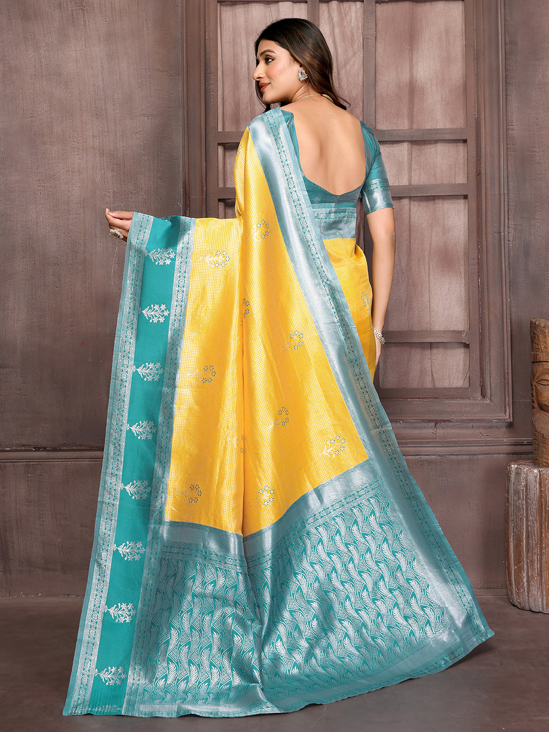Janasya Yellow Silk Blend Checked Jacquard Border Grab2Buy 