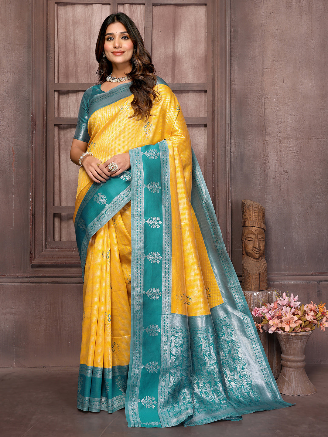 Janasya Yellow Silk Blend Checked Jacquard Border Grab2Buy 