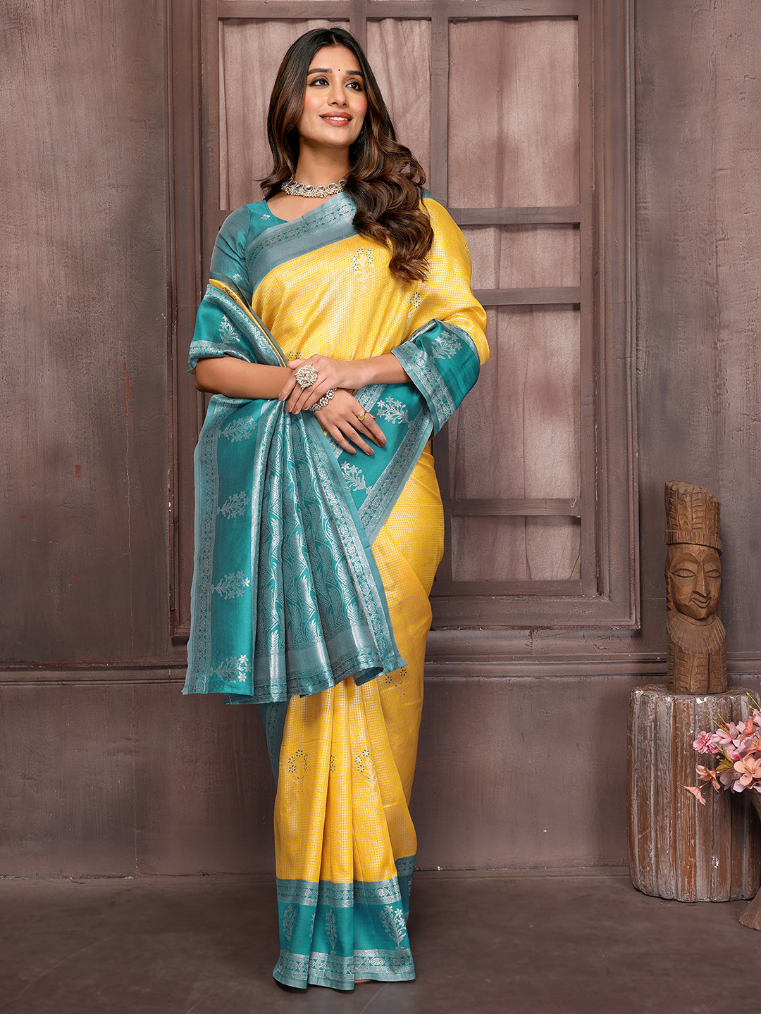 Janasya Yellow Silk Blend Checked Jacquard Border Grab2Buy 